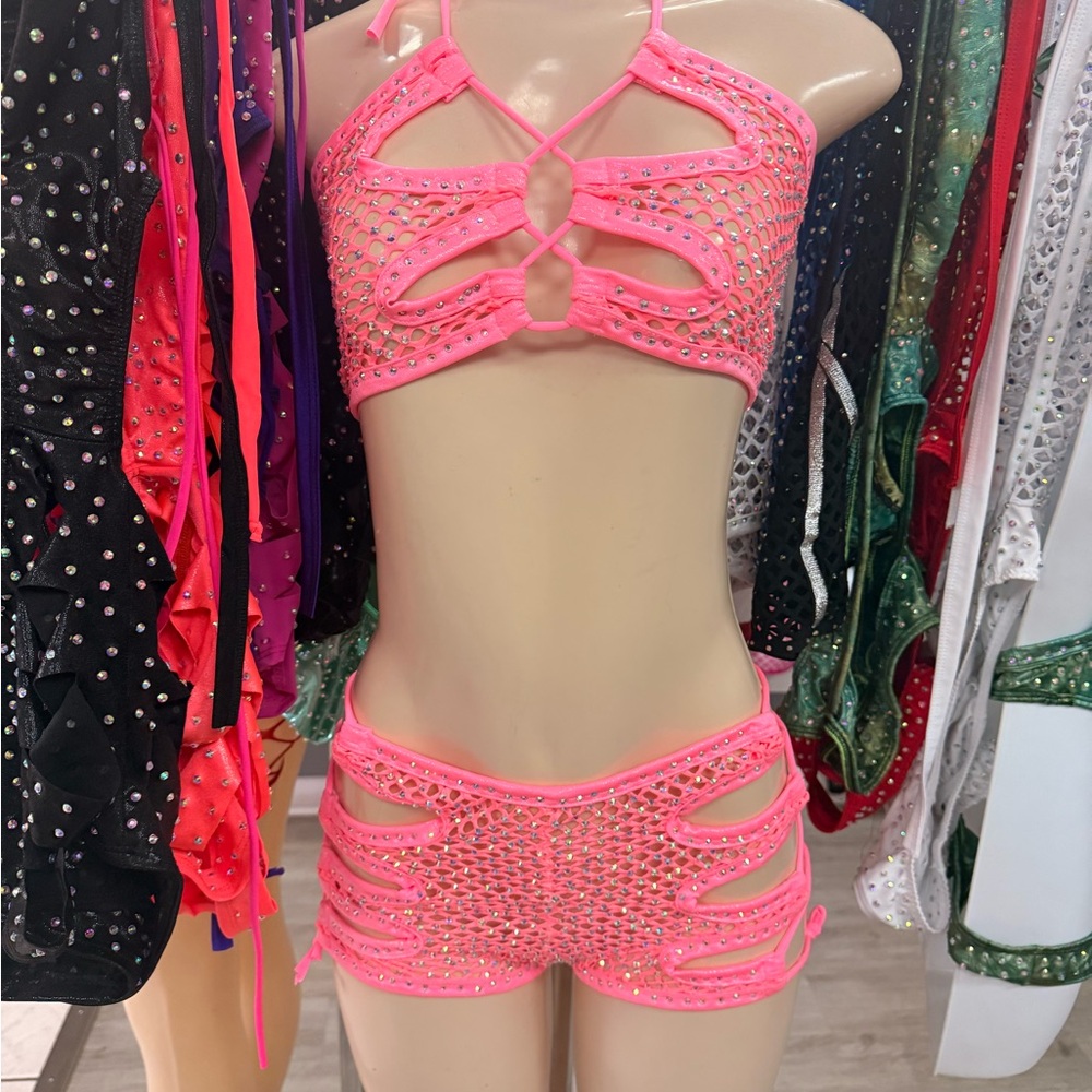 Neon Pink Rhinestone Cutout Bra and Shorts Set